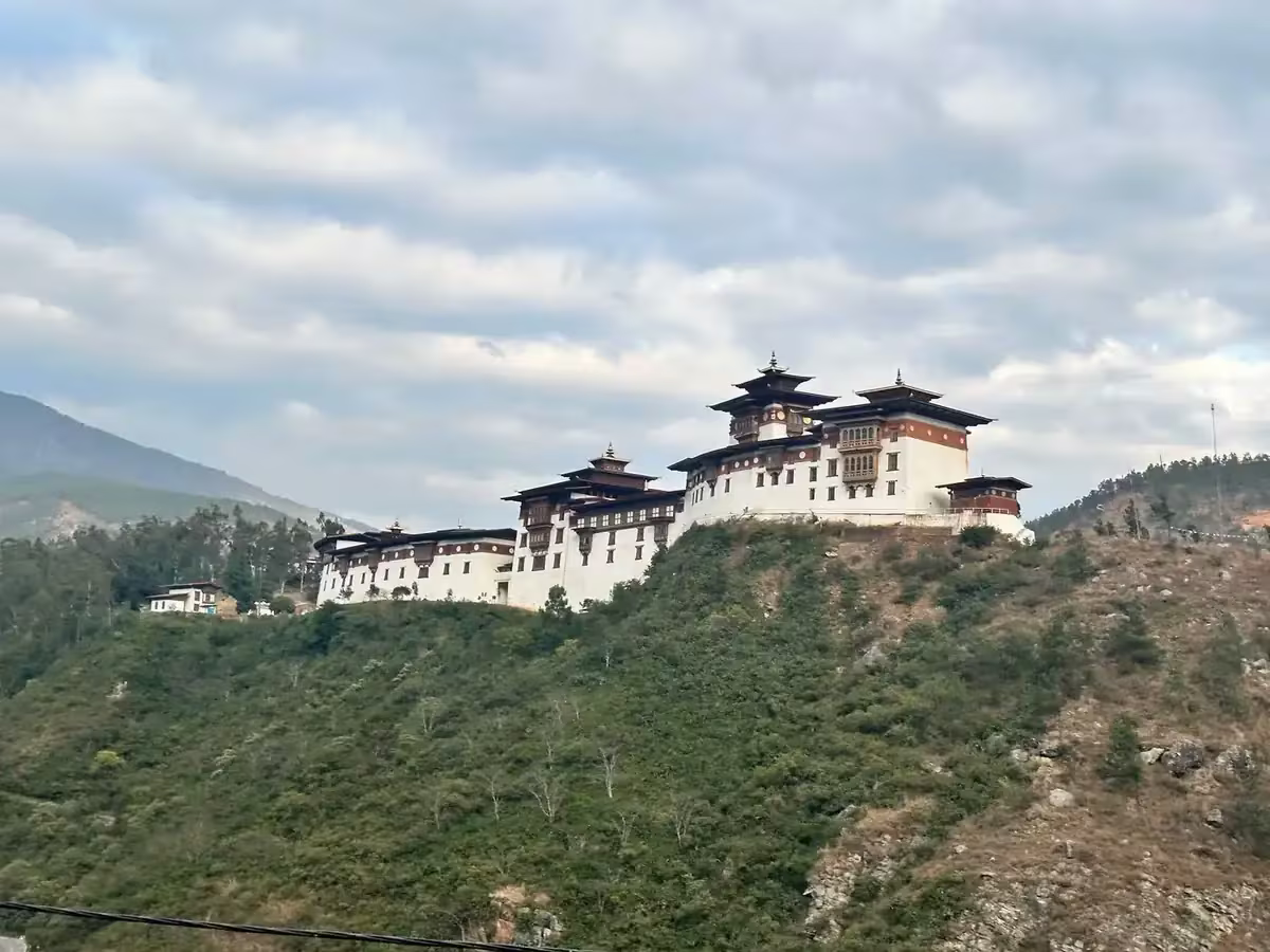 Wangduephodrang Dzong on a hill above the valley