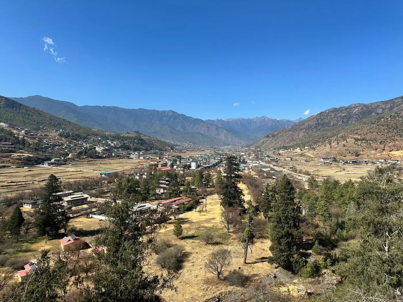 Thimphu valley seen from above, framed by mountains