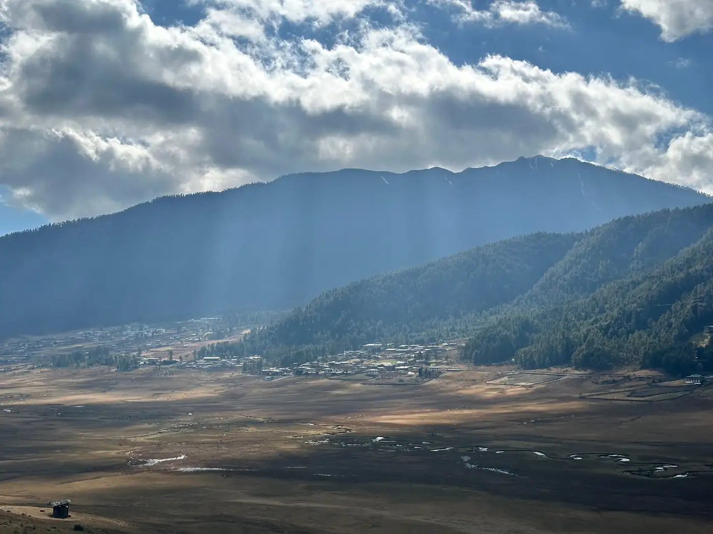 Phobjikha Valley with sun rays through the wetlands
